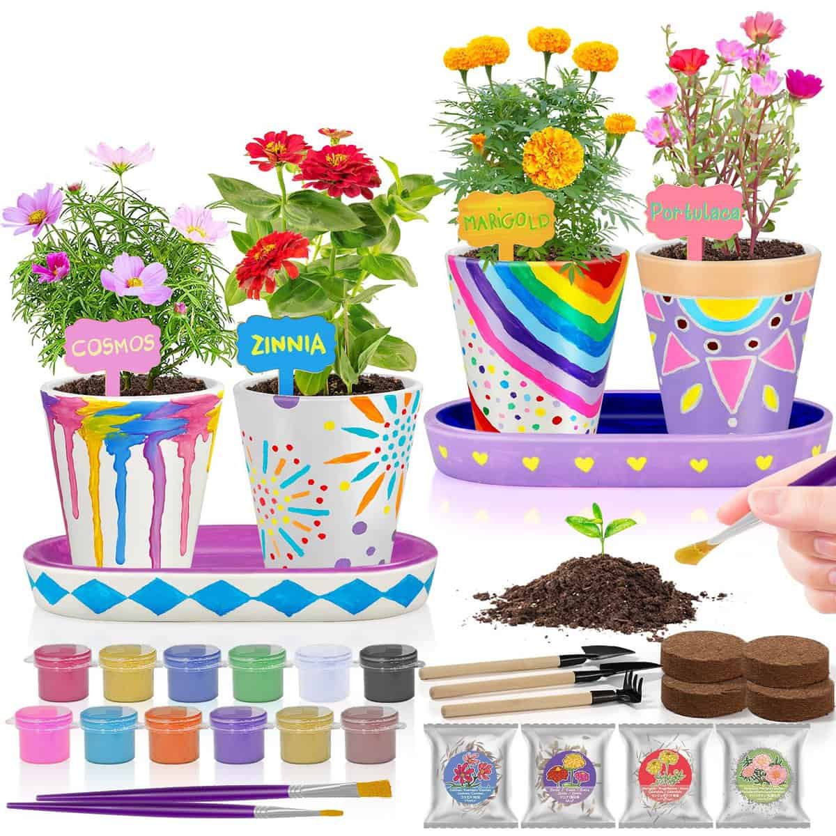 Set 4 Pezzi per Dipingere e Piantare in Ceramica, Fai Da Te per Ragazze 8-12 Anni, Kit Creativo Bambini, Giochi Regali Compleanno Ragazze 6 7 9 10 11