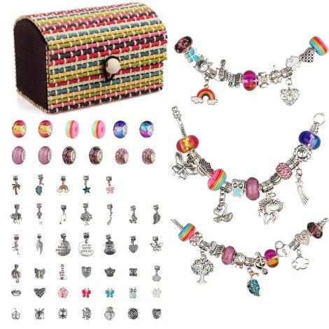 Kit per creare braccialetti fai da te con 3 catene argento e 52 perline. Perfetto regalo per bambine dai 6 ai 12 anni.