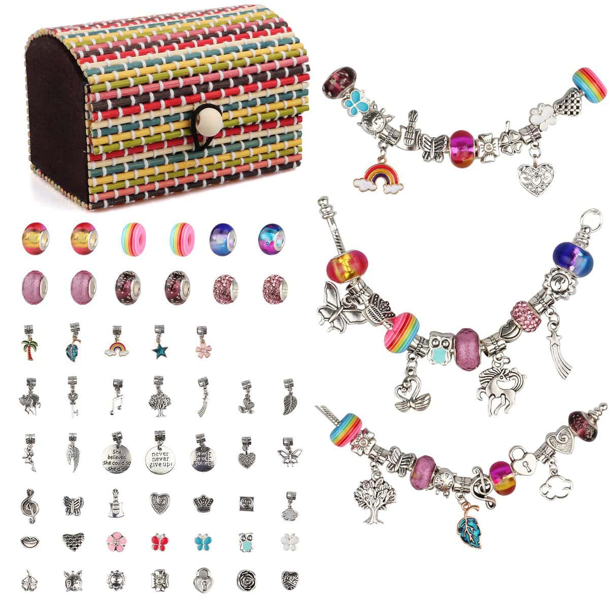 Kit Crea Braccialetti Bambina Fai da Te Idee Regalo 6 7 8 9 10 11 12 Anni con 3 Catene Argento, 52 Perline e 1 Scatola Regalo