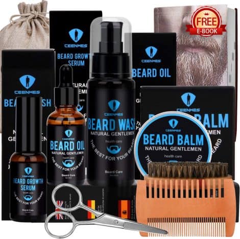 Kit per la cura di barba e baffi dell’uomo, include olio, siero, balsamo, spazzola, pettine, regalo per il compleanno.