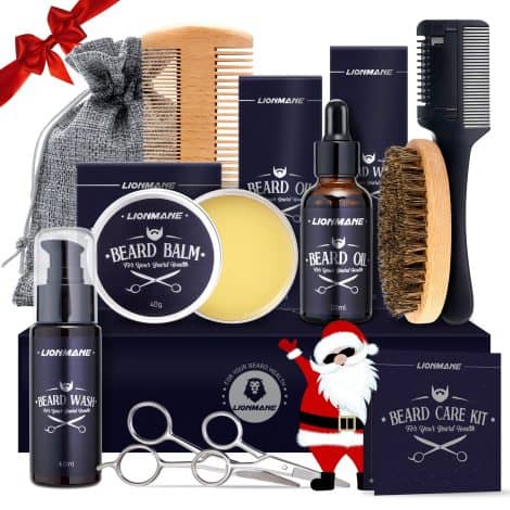 Kit Barba completo per uomo, ideale per regali di Natale. Include olio, shampoo, balsamo, pettine, spazzola, forbici e sacca. Perfetto per curare la tua barba!