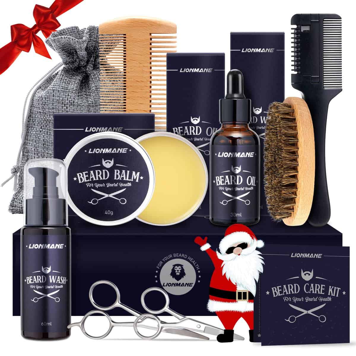 Kit Barba per Uomo, Regali di Natale Uomo, Lionmane Cura Barba, Set Regalo Cura della Barba Uomo con Olio, Shampoo, Balsamo, Pettine, Spazzola, Pettine Rasoio Capelli, Forbici, Sacca, Regalo Uomo