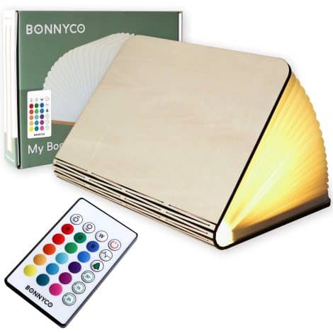 Lampada Libro in Legno Led Pieghevole Bonnyco: Colori regolabili, timer e telecomando. Idea regalo unica per tutte le occasioni.