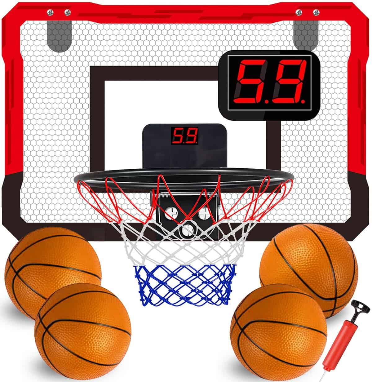 TEUVO Mini Canestro Basket Bambini 5 6 7 8 9 10 11 12 Anni con Tabellone Elettronico, Interno Canestro Basket da Camera per Porta Casa, Indoor Basketball Giocattoli Mini Hoop Regalo Ragazzi Ragazze