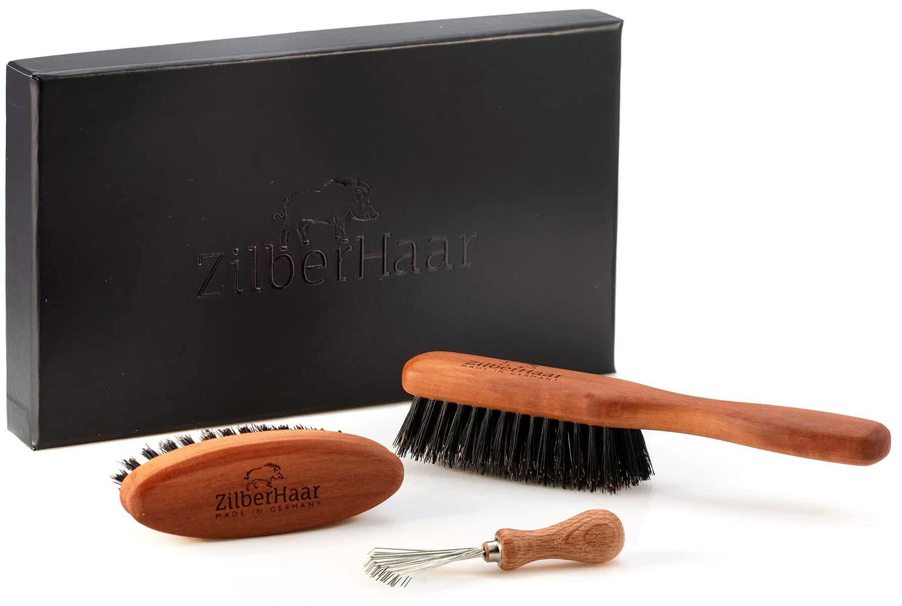 ZilberHaar - Kit Spazzole da Barba Uomo - 1 Spazzola da Barba + 1 Spazzola Tascabile + 1 Attrezzo Pulizia Spazzole - Setole Cinghiale Rigide, Legno di Pero - Barba Media/Lunga Fitta - Per Oli/Balsami