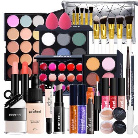 Kit completo trucco, 35 pezzi con valigetta, ideale per principianti. Inclusi: ombretti, correttore, rossetto, lucidalabbra, fard. Perfetto per uso quotidiano e viaggi. Sorprendente regalo!
