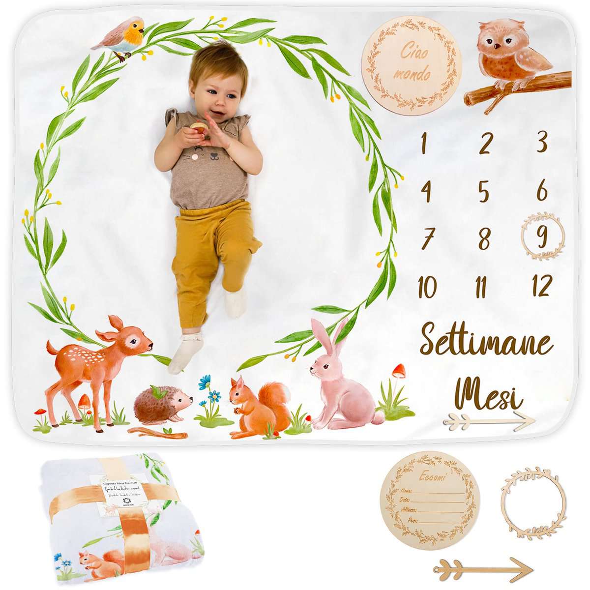 Coperta Mesi Neonato In Italiano | Tappeto Per Maschio O Femmina, Unisex | Foresta | Regalo Baby Shower Personalizzato Per Neomamme | Cornici In Legno Incluse