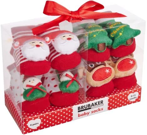 Calzini Brubaker Natalizi Neonati, 4 paia, 0-12 mesi, con adesivi di peluche. Un regalo confezionato!