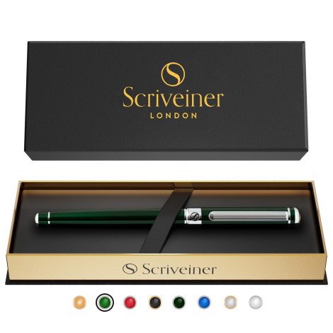 Penna rollerball Scriveiner di lusso, colore verde intenso, con dettagli cromati, ideale per professionisti e uffici.