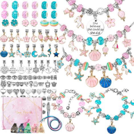 Kit per fare braccialetti Charm Ragazza, 112 Pezzi, gioielli fai da te per adolescenti da 5-12 anni. Ideale per compleanni e Natale.