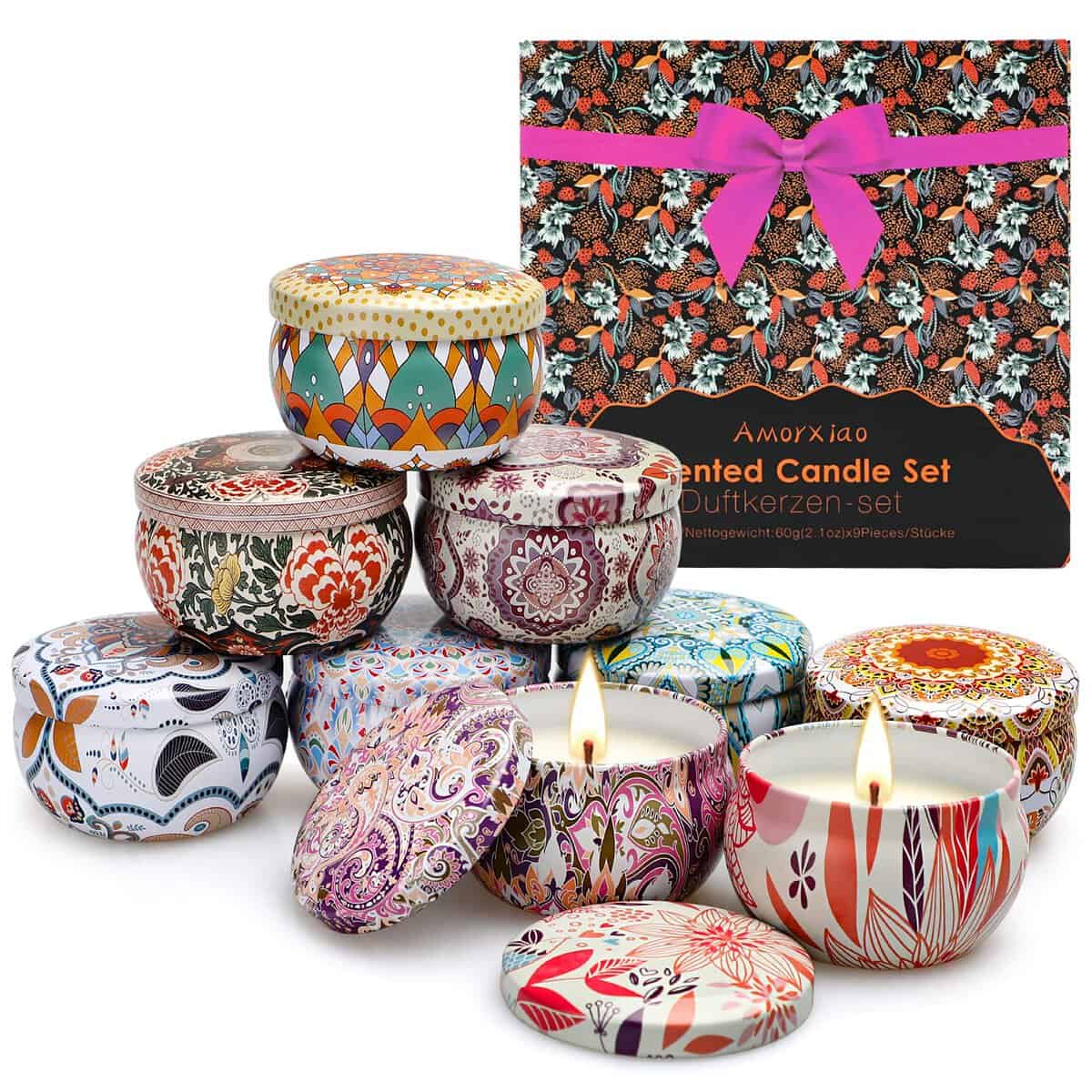 60g*9 Pezzi Candele Profumate in Latta Decorativa, Regalo Set per Donna, Regalo di San Valentino per Profumata Selezionata Aromaterapia per lei, Confezione Regalo di Compleanno o San Valentino