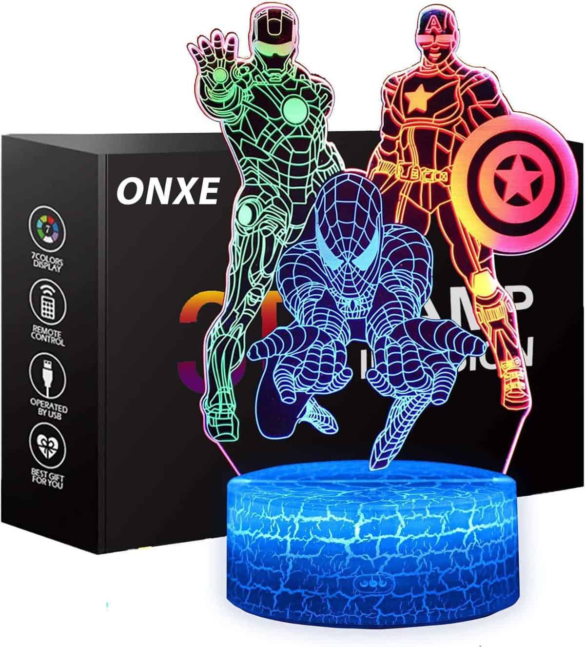 ONXE Giocattoli Spiderman,Luce notturna per bambini, 3D illusione lampada Touch Control dinamica colori che cambiano con 3 modelli di per capitano America Iron Man regali per uomini ragazzi
