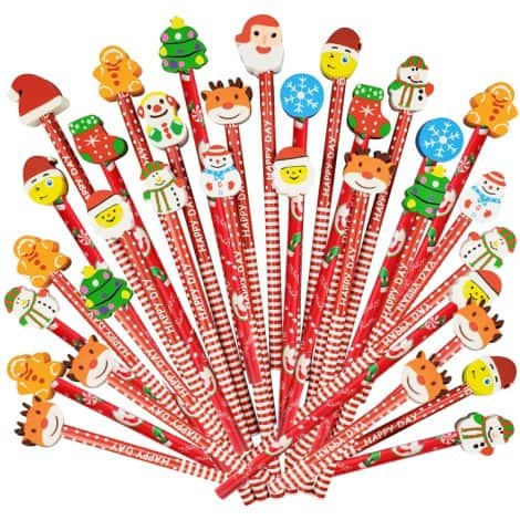 Set di 48 matite a tema natalizio con gomma a forma di Babbo Natale. Perfetto come regalo per bambini durante Natale, battesimi o comunioni.