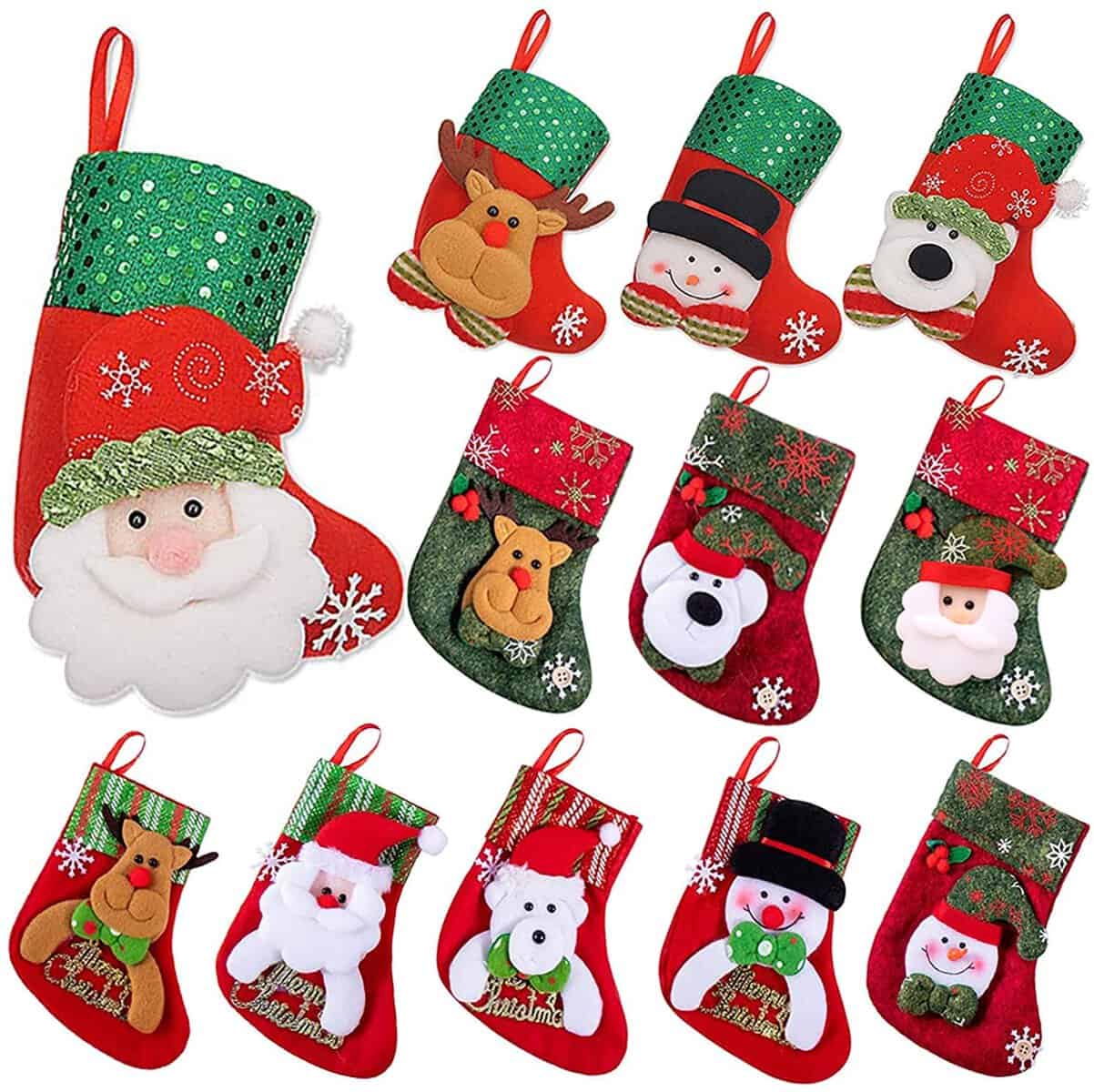 Mini Natale Calze 12 pezzi, Bambini 6,25 pollici piccolo Sacchetti di carte regalo per caminetto/albero/casa - Babbo Natale, pupazzo di neve, renne, decorazioni per regali di Natale, set di ornamenti
