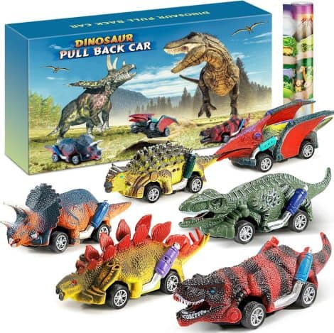 Giocattolo Dinosauri con Macchinine Tirare Indietro e tappetino attività, regalo per bambini dai 2 ai 6 anni.