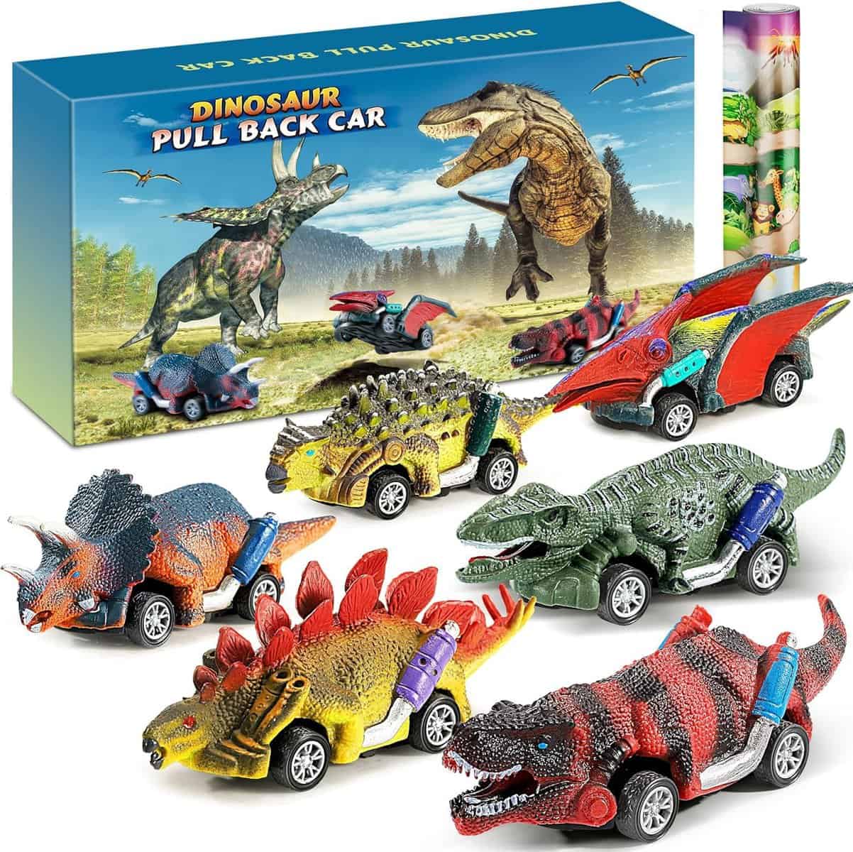 Jojoin Dinosauri Macchinine Giocattolo per Bambini - 6 Pezzi Dinosauro Giocattolo Tirare Indietro Auto con tappetino attività - Regalo per Bambini 2 3 4 5 6 anni Ragazzo e Ragazza