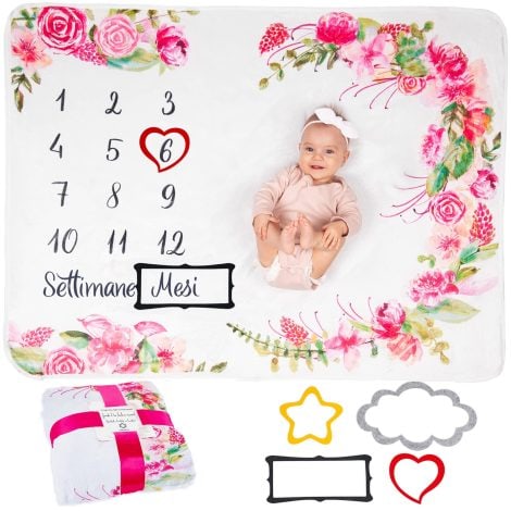 Coperta Neonato Italiana | Tappeto Unisex | Fiori e Foglie | Regalo Personalizzato per Neomamme | Cornici Incluse.