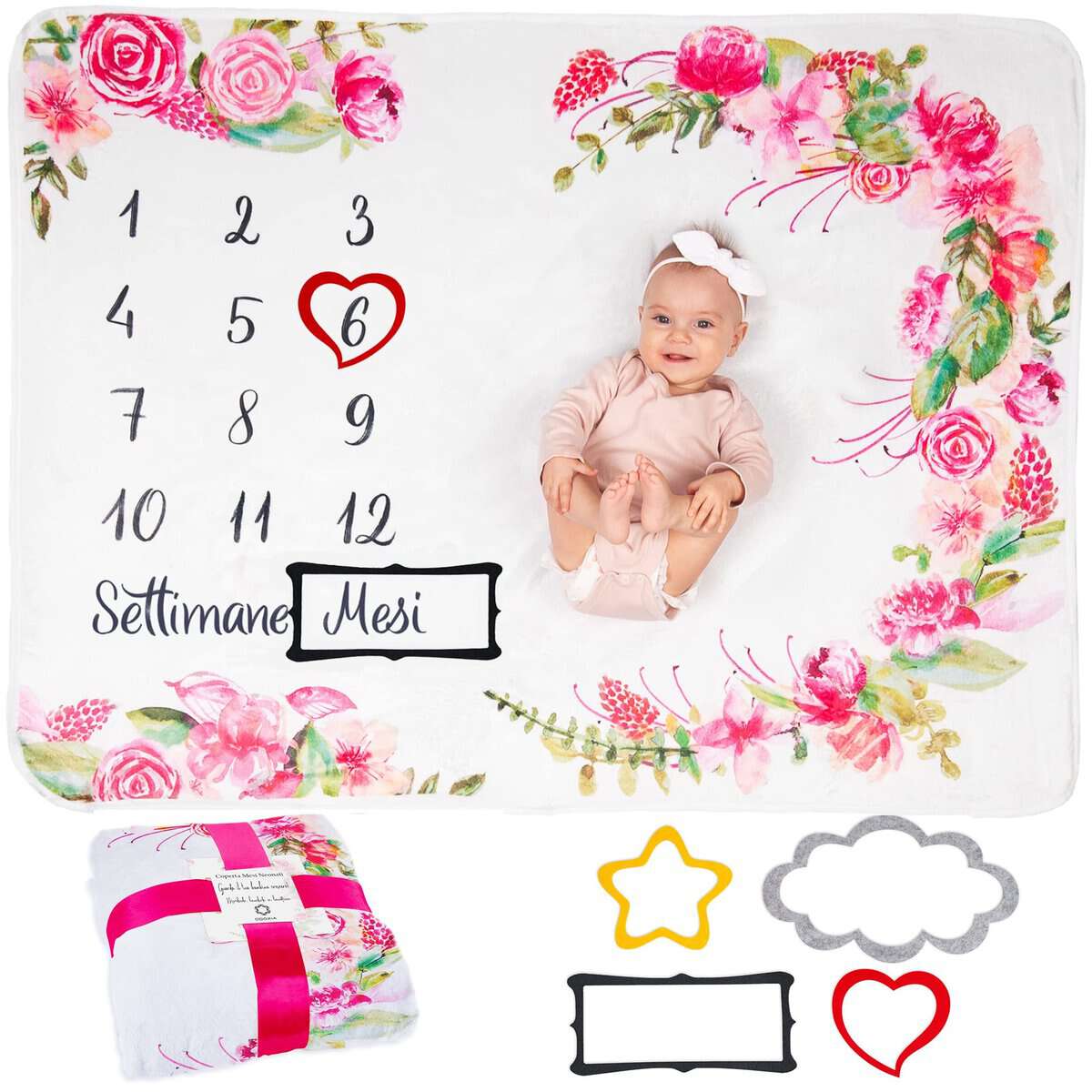 Coperta Mesi Neonato In Italiano | Tappeto Per Maschio O Femmina, Unisex | Tema Fiori E Foglie | Regalo Baby Shower Personalizzato Per Neomamme | Incluse Cornici