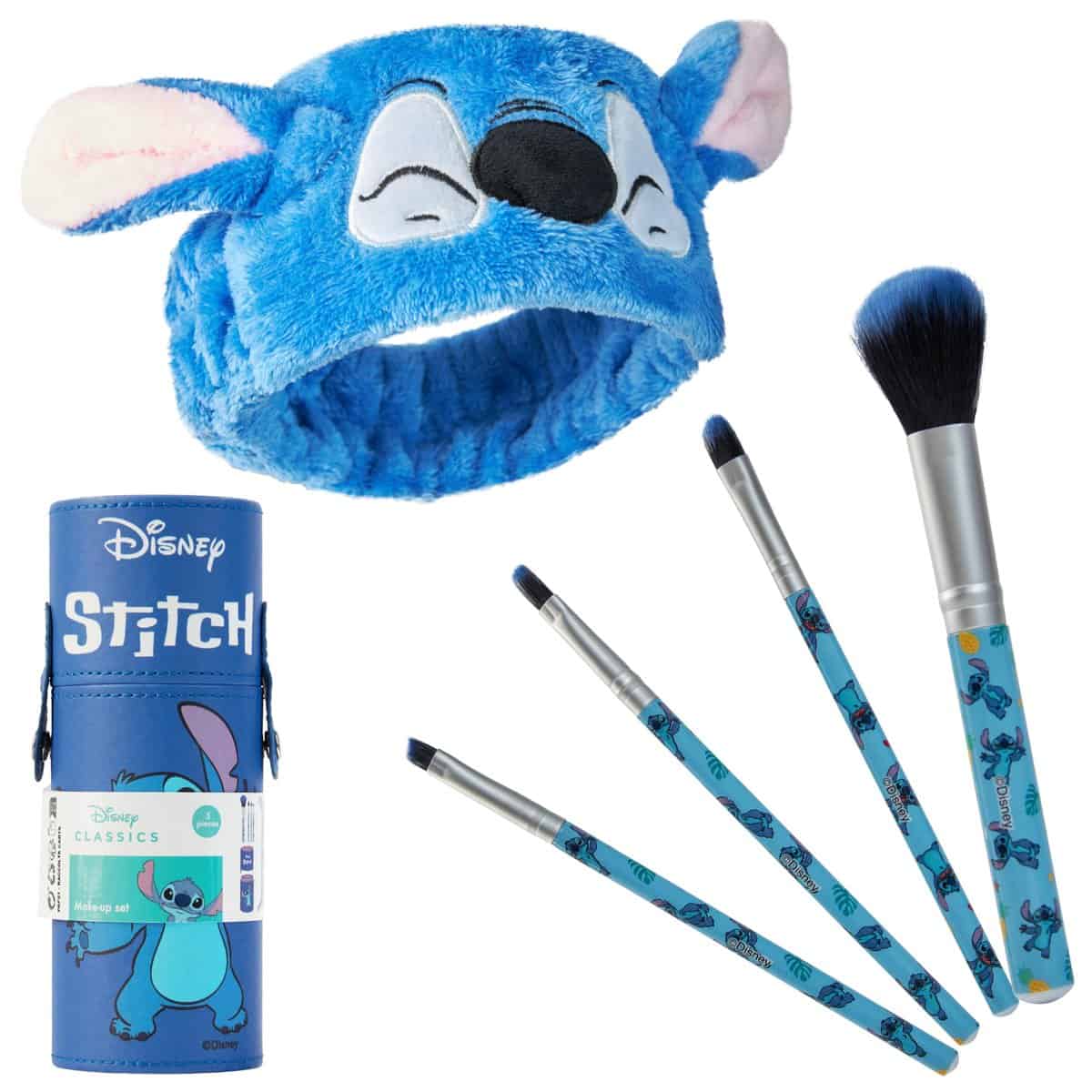 Disney Set Pennelli Make Up - Astuccio Stitch con Pennelli Trucco e Fascia per Capelli - Trousse Da Viaggio Donne Ragazze Stitch Gadget Ufficiale (Blu)