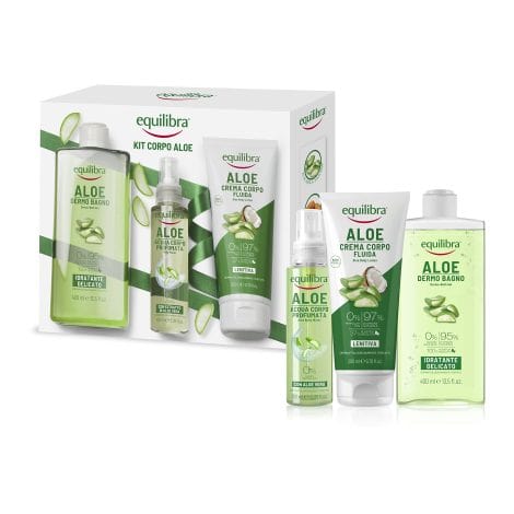 Kit Aloe per il corpo Equilibra, idratante e delicato con Aloe, crema fluida lenitiva e confezione regalo.