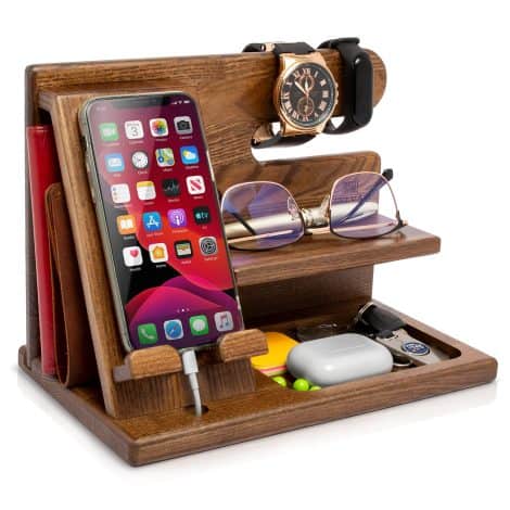 Docking Station in legno Teslyar con portafoglio, orologio; regalo ideale per uomo, Natale, papà, comodino. (Frassino beige)