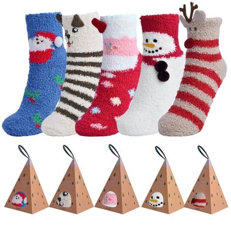 CZMAO 5 Paia Calzini Natalizi in Cotone, Fantasie Animali a tema Babbo Natale, Caldi e Festivi.