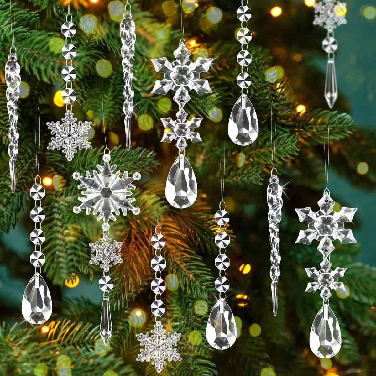16 Pezzi Decorazioni per Albero di Natale, Acrilico Cristallo Fiocco di Neve Ghiaccioli Albero di Natale Ornamenti Da Appendere, Fiocco di Neve Ghiaccioli per Decorazioni Natale Nozze Feste Invernali