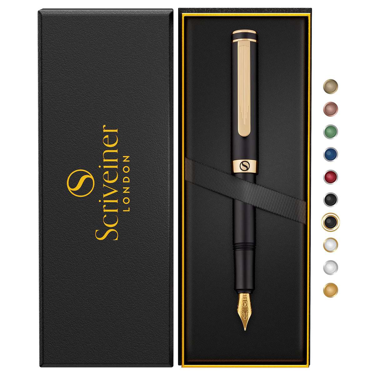 Scriveiner Stilografica di lusso fine, splendida penna tascabile nera, finitura oro 24 carati, pennino Schmidt dorato 18 carati, convertitore, idea regalo per uomini e donne, bella penna per ufficio