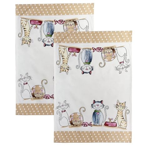 Cotton cat-themed kitchen towels, washing machine-friendly, gift idea for women, set of 2.