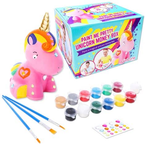 Regalo Fai da Te: Unicorno Salvadanaio in Ceramica da Personalizzare con Pennelli, Pittura e Gemme Adesive! Perfecto per Ragazze.
