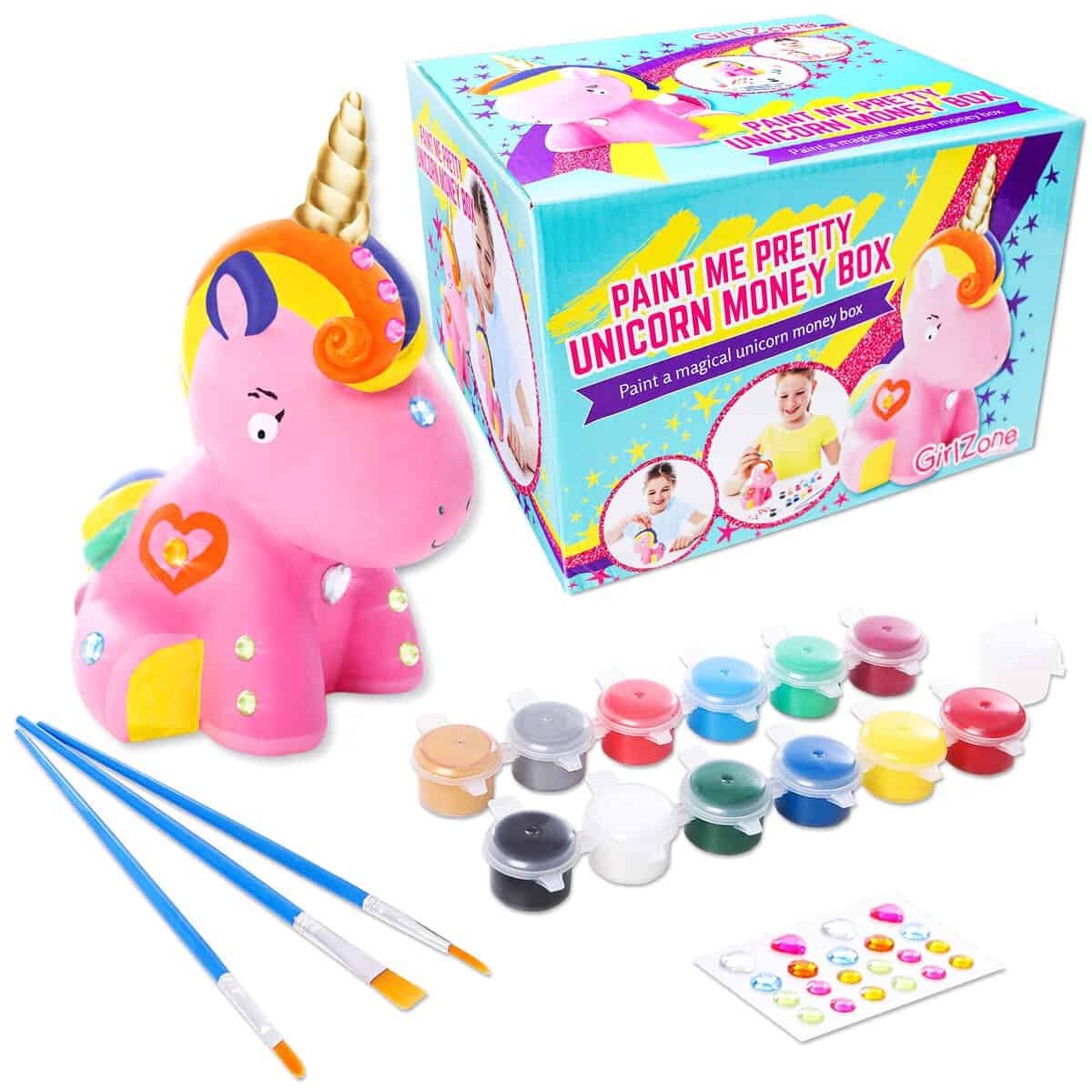 GirlZone Regalo Ragazza -Salvadanaio Unicorno Fai da Te Accessorio per Ragazze in Ceramica da Personalizzare - Pennelli, Pittura, Gemme Adesive Regali Bimba