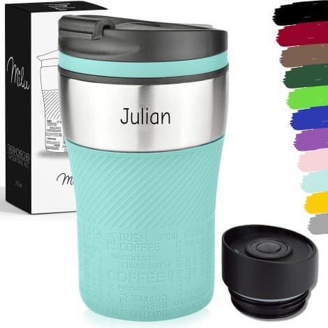 Tazza Termica da Viaggio Personalizzata Milu, Idea Regalo Compleanno e Natale per lui, lei e famiglia. (210ml, Turchese)