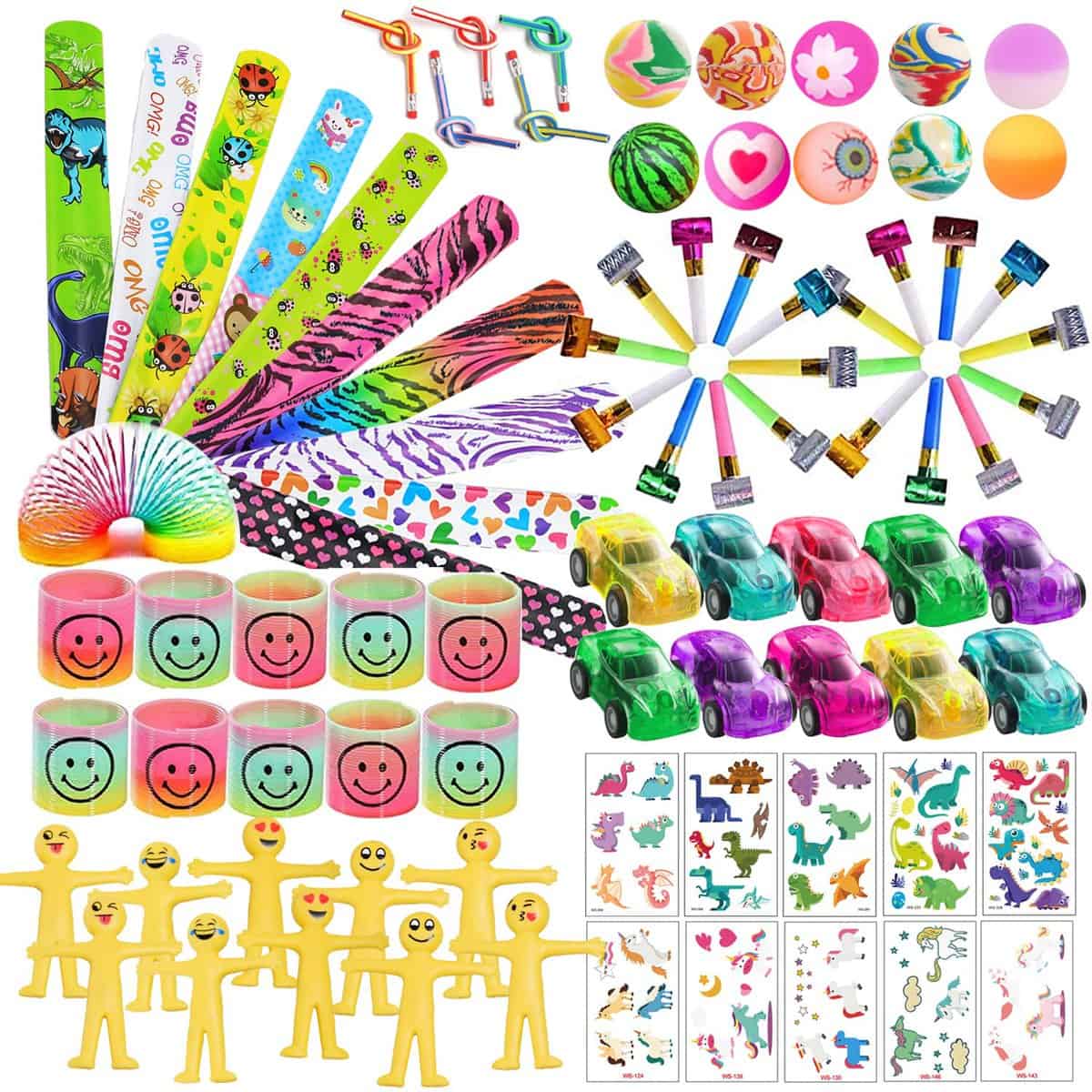 Jatidne Gadget Compleanno Bambini Regalini Fine Festa Compleanno con Tatuaggi Bambini, Braccialetti Slap, Arcobaleno Molla, Palline Rimbalzanti