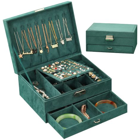 Scatola Portagioielli da Viaggio con 2 Strati di Gioielli, Serrature a Cassetto (Verde Scuro), Regali Donna.