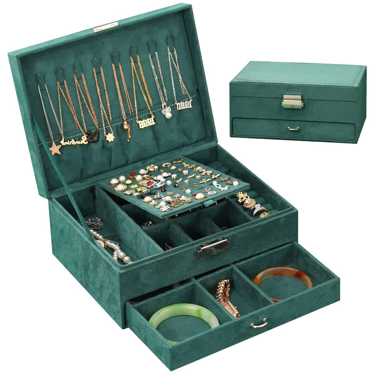 Owelth Porta Gioielli Donna, Cofanetto Portagioie Scatola Porta Gioielli da Viaggio con 2 Strati di Gioielli Serrature a Cassetto per Anelli Bracciali Orecchini Collane Regali(Verde Scuro)