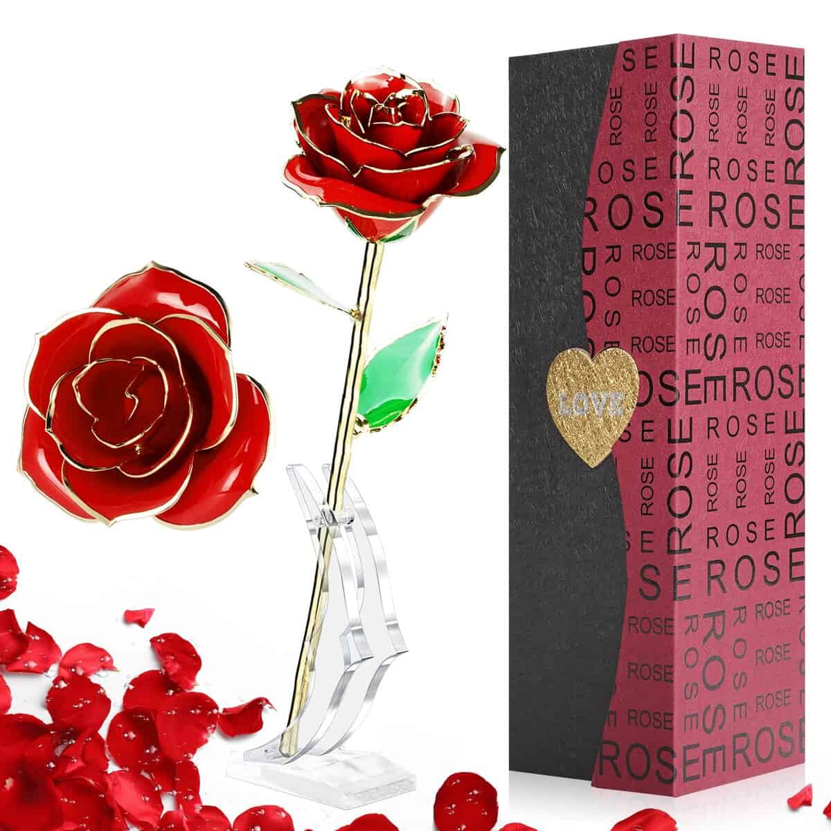 FUNINGEEK 24k Rosa Placcato Oro con Scatola Regalo e Supporto, Rosa Eterna Stabilizzata,Idea Regalo per Fidanzata, San Valentino, Festa della Mamma, Anniversario,Compleanno,Matrimonio (rosso)