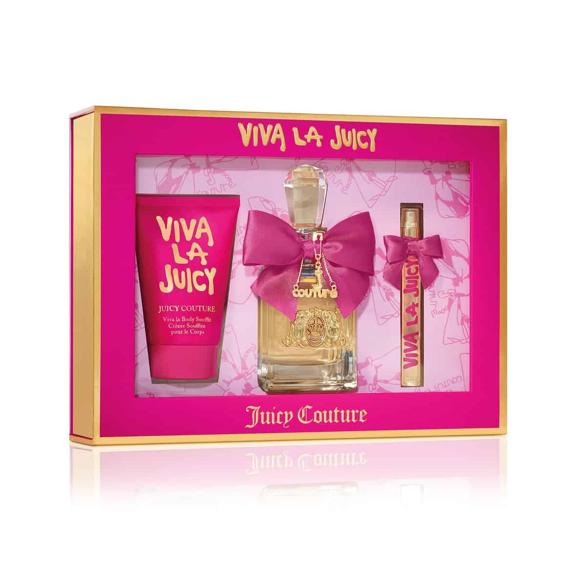 Juicy Couture Viva La Juicy, Set di 4 pezzi Eau de Parfum Spray da donna, spray per borse, crema per il corpo, profumo floreale e fruttato, profumo di lusso, regalo per donna