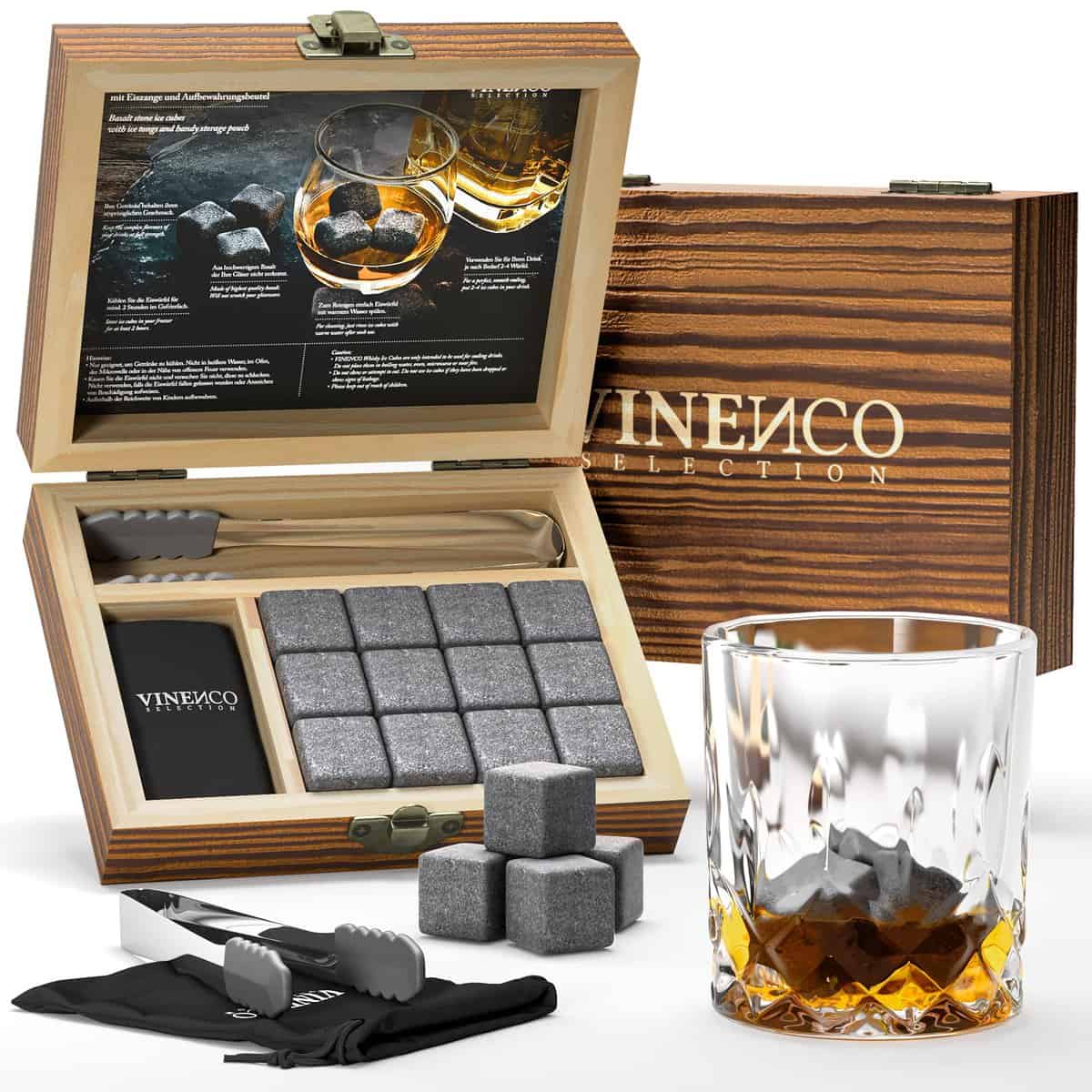 Cubetti di Ghiaccio Riutilizzabili, Set Pietre Acciaio da Whisky Refrigeranti + Pinza + Bustina | Idea Regalo Donna Uomo, Aperitivo Accessori Bar: Cocktail Whiskey Festa Compleanno