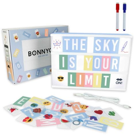 Scatola luminosa Blu BONNYCO con 400 lettere e emoji, 2 pennarelli lavagna, regalo perfetto per bambini.