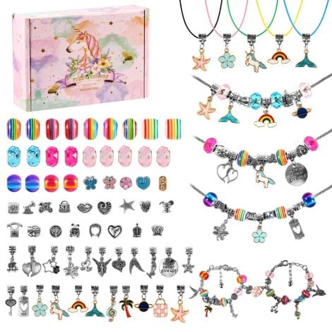 Kit per braccialetti fai da te BelleStyle. Set di gioielli originali con 78 pezzi regalo per ragazze dai 5 ai 13 anni. Braccialetti, giocattoli e ciondoli per creare.