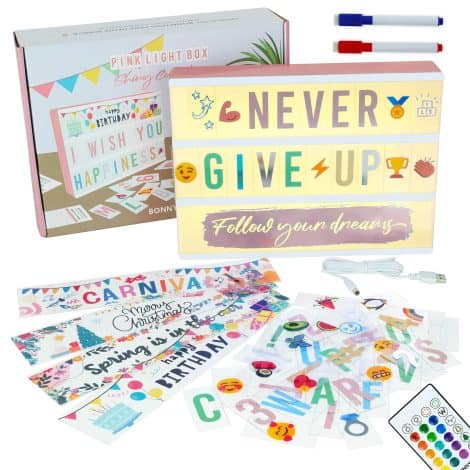 Scatola luminosa BONNYCO A4 Rose Gold, 16 colori, 400 lettere ed emoji, 10 carte premium, telecomando, 2 penne LED lavagna, regalo perfetto per donne, bambini, ragazze nel periodo natalizio.