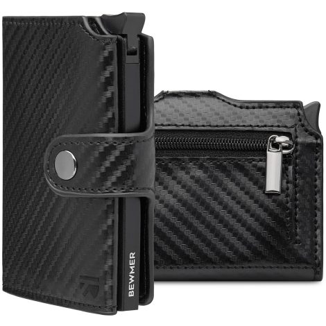 BEWMER Porta Carte di Credito 2 | Portafoglio Sottile Uomo/Donna con Protezione Anticlonazione Rfid | Porta Tessere e Soldi (Nero Carbonio)
