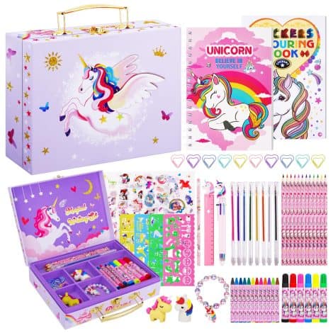 Set colorato per bambini con 66 pezzi, inclusi unicorno, scatola portaoggetti, adatto ai 6-12 anni. Ideale come regalo per ragazze a Natale o compleanni.