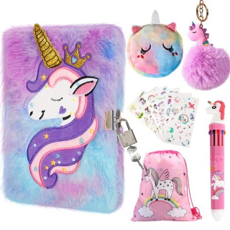 Diario segreto per ragazze con unicorno, lucchetto, penna multicolore, borsetta e portachiavi, regalo perfetto per Natale.