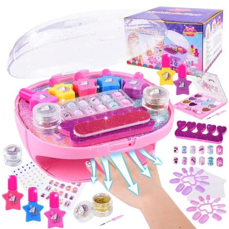 Set di nail art per bambine con smalti, asciugacapelli e accessori per unghie adatto al compleanno.
