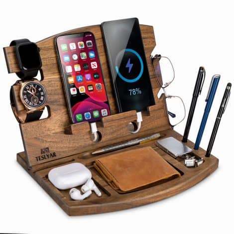 Supporto doppio per telefono da uomo, regalo natalizio per marito o papà, in noce naturale.