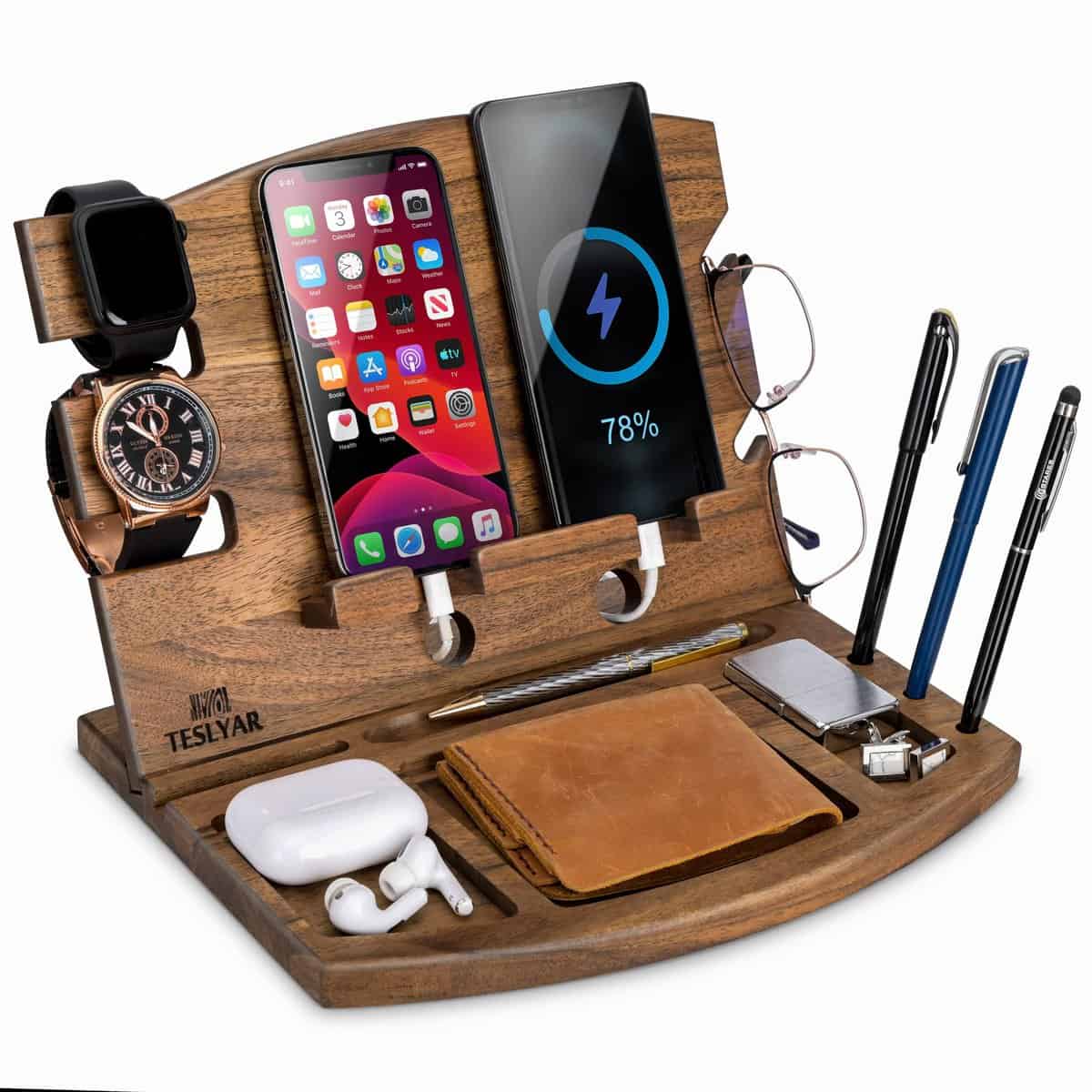 Regalo da Uomo Supporto per telefono Doppia Docking Station per Telefono con Ganci Natale Regalo da Uomo regalo per Marito Anniversario Regalo per papà Supporto da comodino in noce naturale (Beige)