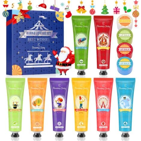 Set di creme per le mani, con 8 mini creme regalo per Natale, di Eleanore’s Diary. Nutre le mani, ripara e non unge, ideale come regalo di compleanno per donna.