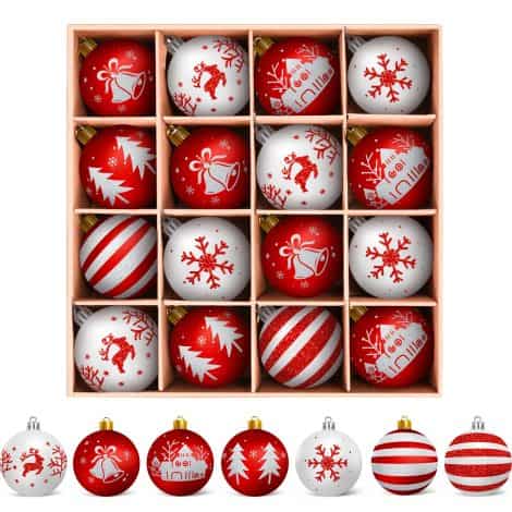 Arbolisse Palle Natalizie Bianche e Rosse, 16 Pezzi, 6cm di Plastica con Gancio. Perfette per decorare l’albero!
