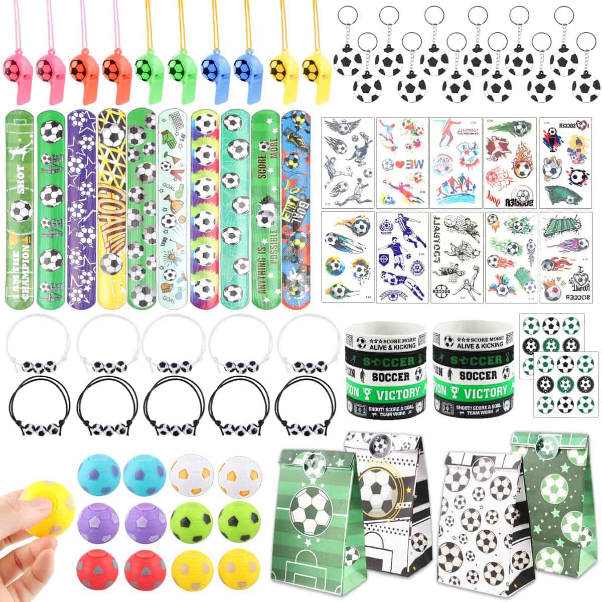 Calcio Festa Regalo per Bambini, Gadget Calcio Compleanno Bambini, Portachiavi, Braccialetti in Silicone, fischietti, Rotante Calcio Piccolo, Adesivi per Tatuaggi, Braccialetti, Sacchetti Regalo